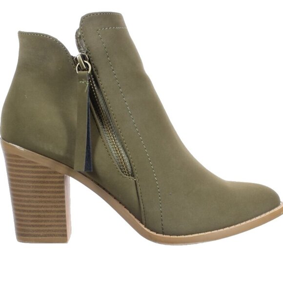 Stacked Chunky Heel Booties Olive Green Nubuck Ankle Boots | Earthy. Elevated. - Picture 3 of 5